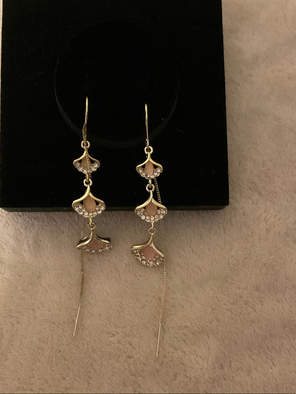 Gold-Tone Pink Enamel Floral Drop Earrings with Crystal Accents